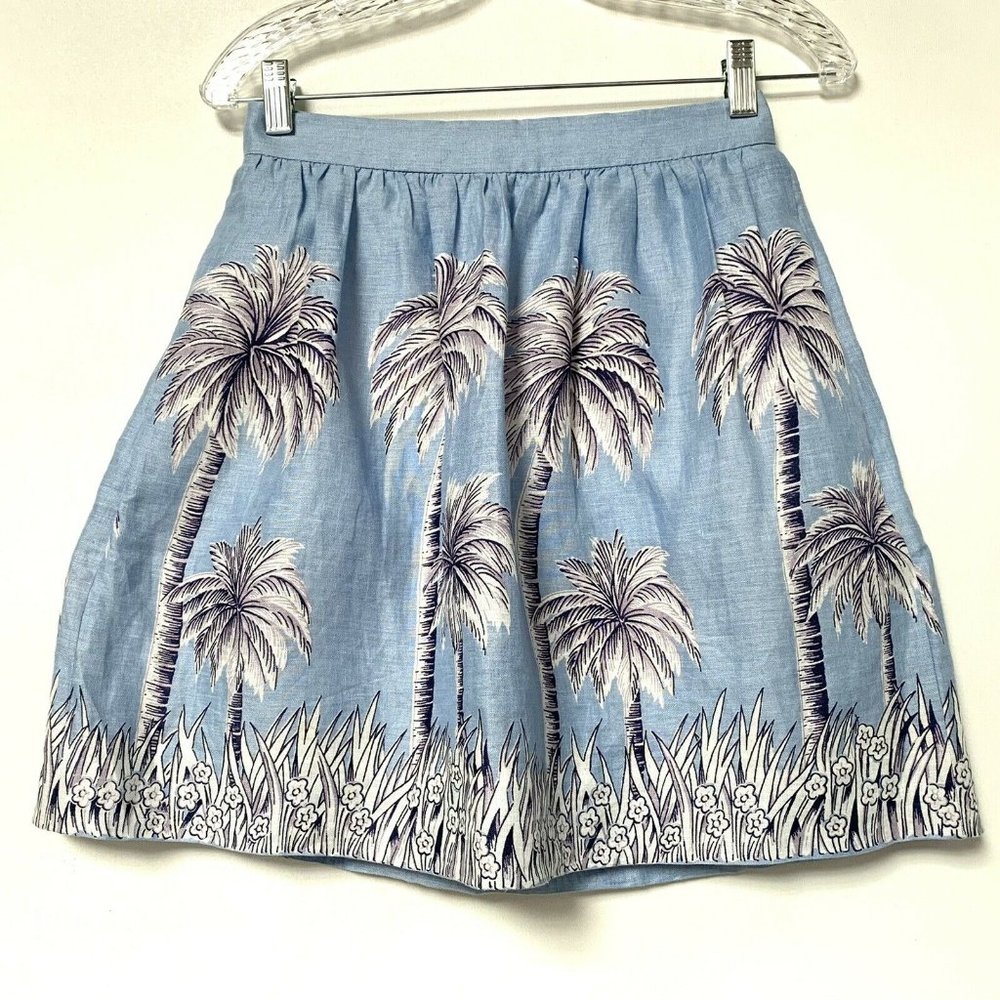 J Crew‎ A Line Linen Lined Baby Blue Palm Tropical